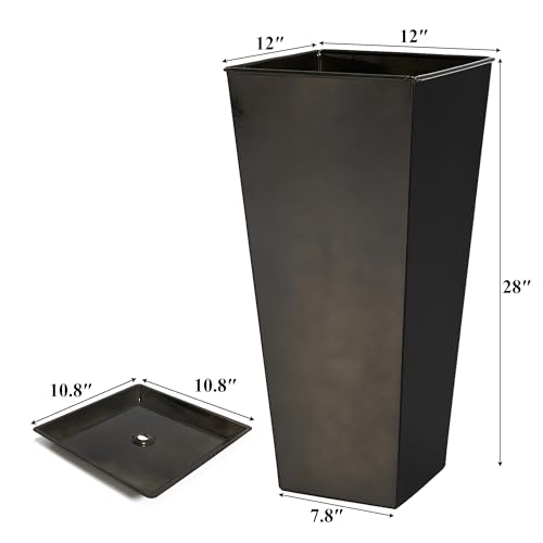 Worth Garden 28" Large Metal Glazed Planter Set of 2, Luxurious Glossy Finish Black Tall Square Tapered Steel Plant Pots, Decor Flower Pot Indoor & Outdoor, Drainage Hole & Dual-Purpose Plant Saucer - Image 4