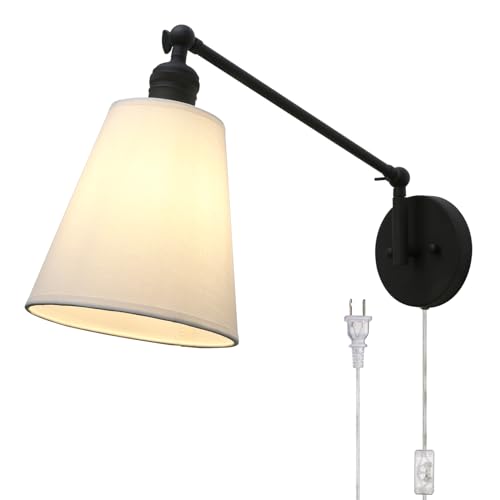 Image of PERMO Retro Swing Arm Wall Sconce Plug in Wall Lamp Black Single Sconce with White Fabric Shade Wall Light Fixture for Bedroom Living Room Office
