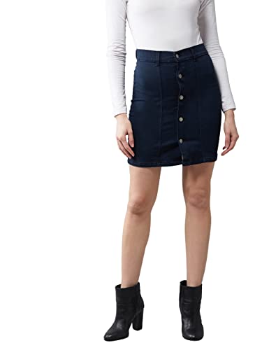 Image of Dolce Crudo Women's Black Stretchable Solid A-line Mini Denim Skirt