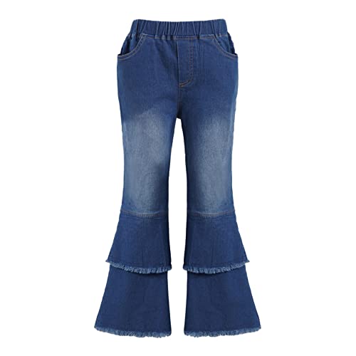 Kids Girls Youth Flared Jeans Bell Bottom Pants with Elastic Waistband Wide Leg Ruffle Hem Denim Pants