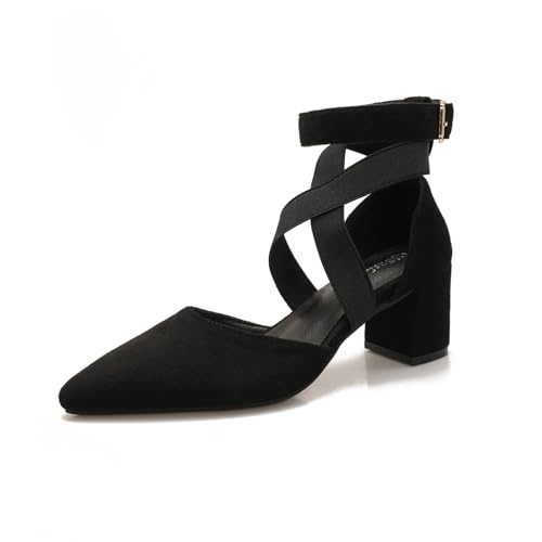 Pointed Toe Ankle Strap Dress Heels for Women Closed Toe Suede D'Orsay Shoes Women's Low Chunky Pumps with Cross Elastic Straps for Wedding Party Dating 2.4