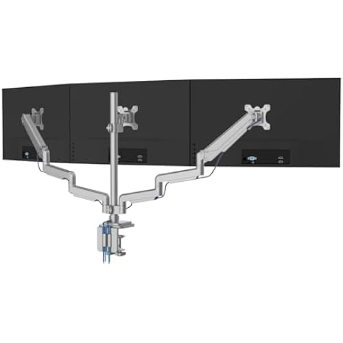 Mount-It! Triple Monitor Mount with Gas Spring Arms, Fits 24–32 Inch Screens, USB & Audio Ports, Full Motion Desk Stand with Tilt, Swivel & Rotation, Heavy Duty Silver 3 Screen Arm with Clamp