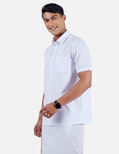 Image of RAMRAJ COTTON Men White Half Sleeve Shirt Crafted For Comfort| Durability| And Timeless Everyday Style