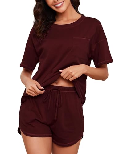 Image of KCW Pajamas for Women Set 2 Piece 100% Cotton Lounge Sets Short Sleeve Top and Shorts Pj Set Sleepwear Outfits