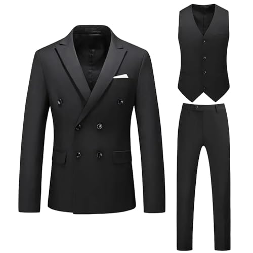 Men Full Notched Lapel Double Breasted 3-Piece Wedding Graduation Casual Banquet Suit Black