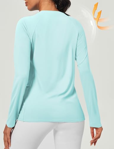 Rash Guard for Women UPF 50+ SPF UV Protection Long Sleeve Workout Tops Swim Shirt Dry Fit Sun Shirts with Pockets Light Green