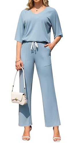 Image of difficort 2 Piece Lounge Sets for Women Summer Outfits Vacation Loungewear | Knit Raglan Short Sleeve Wide Leg pant with Pockets