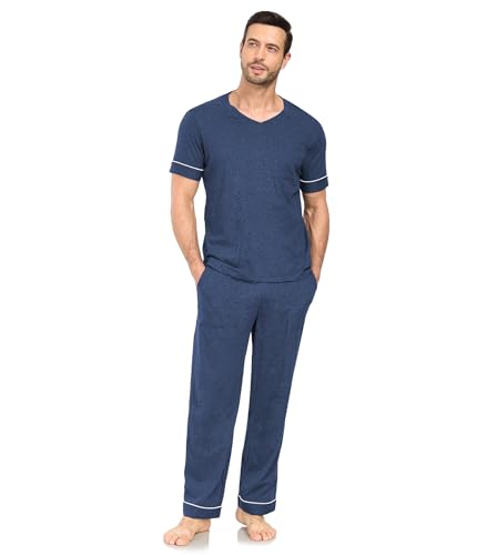 COLORFULLEAF Mens 100% Cotton Pajamas Set Short Sleeve V-Neck Sleepwear Soft Loungewear Pjs with Pockets (Heather Navy,M)4