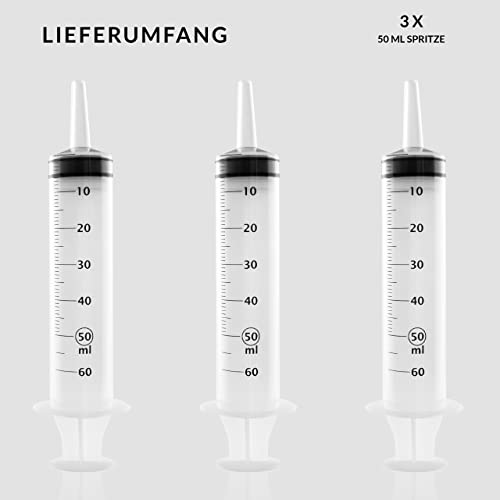 3 Stück Spritzen-Set 50ml. Dosierspritze aus Plastik. Als Futterspritze, Saugspritze für Motoröl oder Bremsflüssigkeit. Für Hobby und Handwerk.