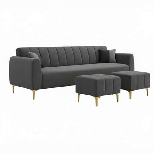 Image of Habibi 5 Seater L Shape Sofa Set with 2 Movable Ottomans | Flexible Layout | Rich Velvet Suede Fabric | Silver Legs | Modern Sofa for Living Room (Dark Grey)