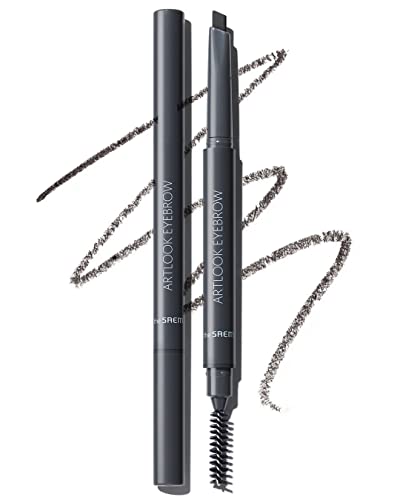 Image of THESAEM Artlook Eyebrow Definer Pencil with Spoolie Brush 04 Black Gray - Long Lasting Eyebrow Makeup for Soft Textured with Vitamin E - Triangular Pencil
