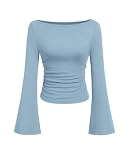 PRETTYGARDEN Womens Bell Long Sleeve Ribbed Knit Tops,Light Blue,M