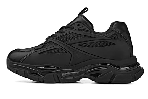 CALTO Men's Invisible Height Increasing Elevator Shoes - Jet Black/Onyx Sole Chunky Sole Lace-up Sporty Sneakers - 2.6 Inches Taller - S5282 - Size 10 D(M) US3