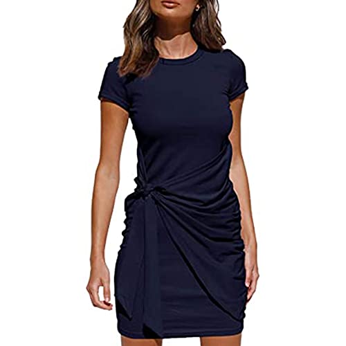 NMVB T-Shirt d'été Femme Cravate Taille Robe de Taille Casual Manches Courtes Ruched Mini Mini Robes (Color : Dark Blue, Size : XX-Large) Cover