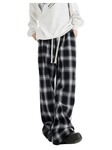 OYOANGLE Women's Plaid Print Pants Drawstring Elastic Waisted Wide Leg Casual Pants4