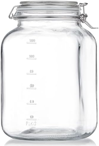 Folinstall Square Super Wide-Mouth Mason Jar with Airtight Lid, 1 Gallon（ 4100 ML） Glass Jar with 2 Measurement Marks, Sturdy Large Glass Tank with Lid For Overnight Oats, Kombucha, Pickle, Kimchi
