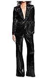 CAIZI Women's Sequined Fashion Suit Set One Button 2 Piece Wedding Tuxedos Blazer Pants Prom Party Outfit Black L