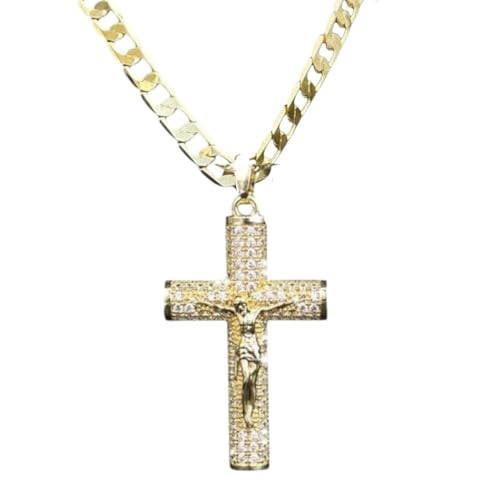 14K Gold Plated Jesus Christ Cross Crucifix Pendant with Bling Crystals, 24" 3mm or 8mm Figaro Link or Rope Chain Necklace, Religious Hip Hop Jewelry for Men and Women2