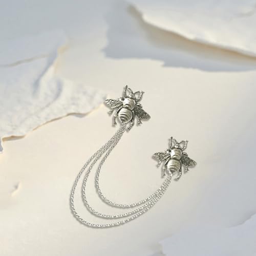 Image of Vintage Metal Rose Bee Lapel Pin for Men Collar Pins Gold Plated Silver Plated Flower With Hanging Chain Lapel Pins for Men's Suit Accessories Brooch Pin Fashion Jewelry for Men Women