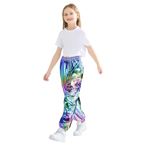 Image of Rolanko Girls Shiny Metallic Cargo Pants, Sparkle Jogger Pants for Girls Hip Hop Dance Streetwear Cargo Trousers 6-15 Years