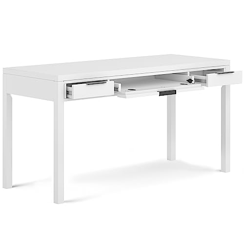 SIMPLIHOME Hollander Desk - 60-Inch Wide Solid Wood Writing Desk in White, Contemporary Home Office Computer Table for Workspace or Study with 2 Drawers and Flip-Down Keyboard Tray