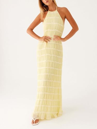 Image of Women Summer Halter Neck Maxi Dress Flowy Ruffle Tiered Sleeveless Sundress Boho Backless Spaghetti Strap Long Dress