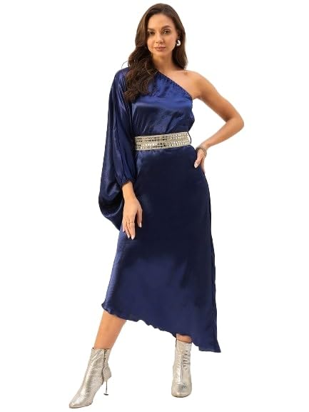 Image of DRAPE AND DAZZLE Women one Shoulder Kaftan Dress with Mirror Work Belt | Summer Westner Wear Dress| DD-115