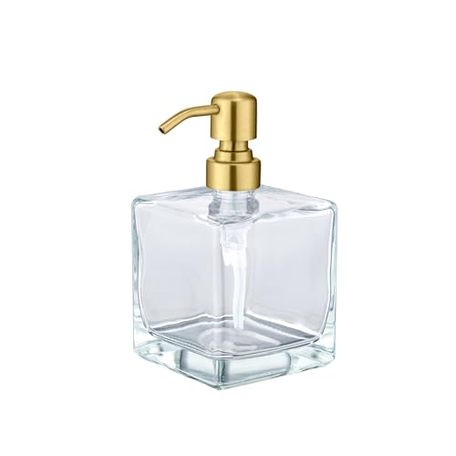 Image of Square Soap Dispenser Brushed Gold Pump, 16.9 oz | Glass Bottle, Stainless Steel Pump, Cube, Large Capacity, Liquid Hand Soap Dispenser Bathroom Kitchen