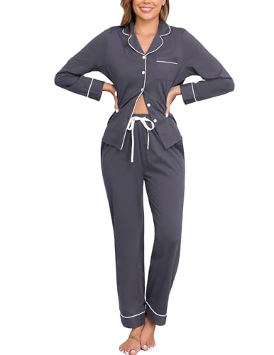 Image of Veseacky 100% Cotton Women's Pajama Set Long Sleeve Button Down Sleepwear Soft Pjs Lounge Sets Nightwear Pjs XS-XXL