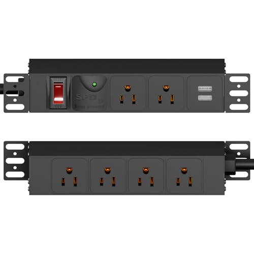 10 inch Rack PDU 1U 6 Outlets(2 in front 4 in back) 1020J Surge Protection and 15A Overload Switch & 2 USB-A Rack Mount Power Strips for 10 Mini Server Network Cabinets/Rack/Self 14AWG 6ft Cable