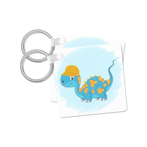 3dRose, Blue Dinosaur with Yellow Spots and Hat in Crayon for Little Boys, set of 2 Key Chains