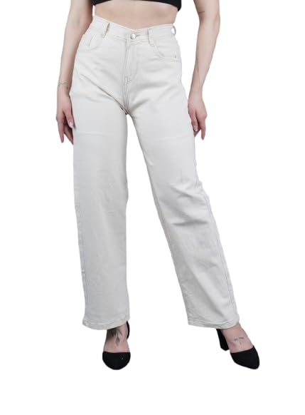 Linaria Women's Relaxed Fit Baggy Denim Jeans, Beige, Plain Style-picture-35
