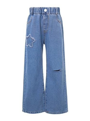 Kids Girls Elastic Waist Distressed Star Patch Ripped Straight Wide Leg Denim Jeans Casual Denim Trousers4