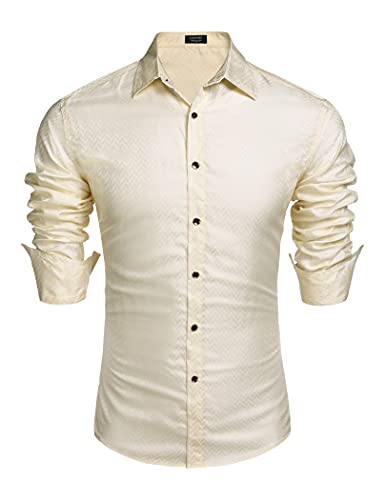 Image of COOFANDY White Dress Shirt for Men, Mens Button Down Shirts Long Sleeve Luxury Prom Wedding Party Shiny Shirt for Men - White