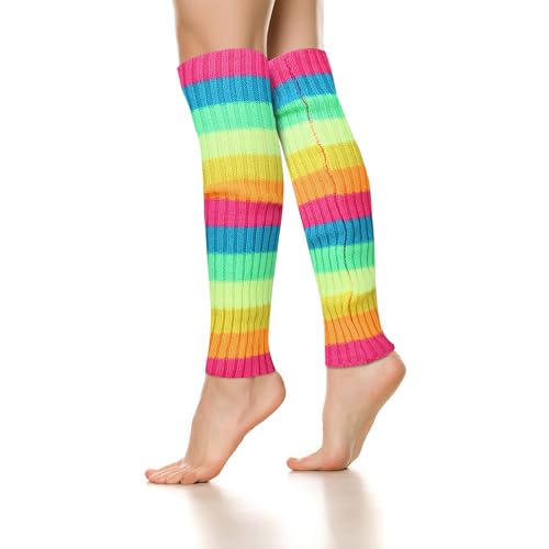 Image of Benefeet Striped Leg Warmers for Women & Girls - Ribbed Knit Soft Colorful Long Warmers for 80s 90s Dance Party