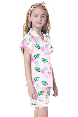Image of Umeyda Women & Girls Pajamas Set, Soft Satin Lightweight Silk Button-Down Top with Shorts 2 Piece PJS for Mom Boys Kids Gifts