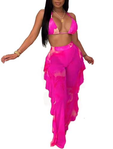 Women 2 Piece Outfits Bikini Swimsuit - Sexy See Through Mesh Crop Top Ruffle Long Pant Jumpsuits Beach Cover Up