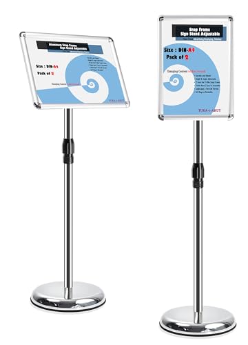 TUKA-i-AKUT 2X A4 Espositore Informativo da Pavimento, Regolabile in Altezza, Supporto per Pubblicitario Presentazioni Poster Cartelli Annunci, Portaposter Cornice Pieghevole, Argento TKD8423-2X