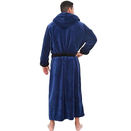 Cambkatl Men's Fleece Robe Big and Tall with Hood, Color Block Full Length Plush Bathrobe Nightgown with Pockets4