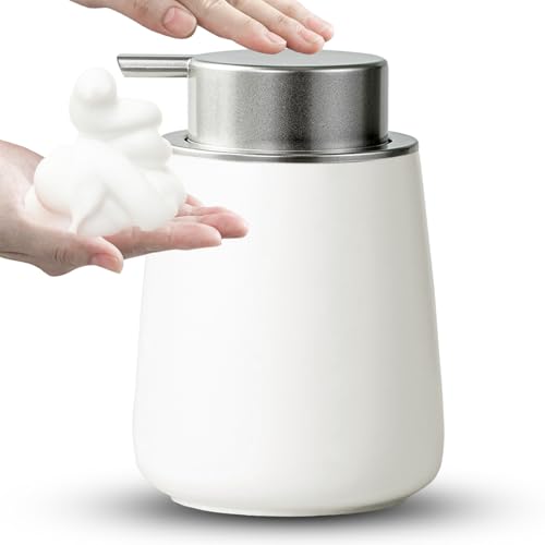 AZMOYAC Foaming Soap Dispenser - 12 Oz White Ceramic Foam Hand Soap Dispenser for Bathroom, Face Wash Dispenser Bottle with Matte Silver Foaming Pump, Lotion Dish Dispenser Refillable for Kitchen