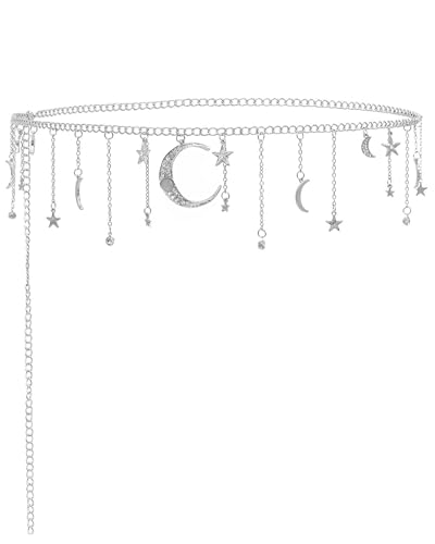 COSUCOS Silver Chain Belt with Moon Star Tassel