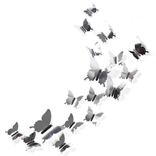 Weddhuis Farfalle Specchio Adesivo Da Parete, 48Pcs 3D Specchio Wall Stickers Home Decoration Adesive Da Parete Combinazione, Adesivi Decorativi Per Casa (d'Argento)