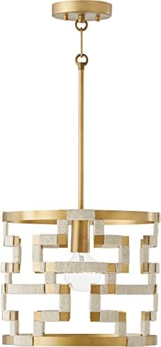 Capital Lighting 341011NL Hala Modern Greek Key Inspired Bleached Natural Jute Drum Pendant Light Fixture, 1-Light 100 Watt, 11" H x 14" W, Patinaed Brass