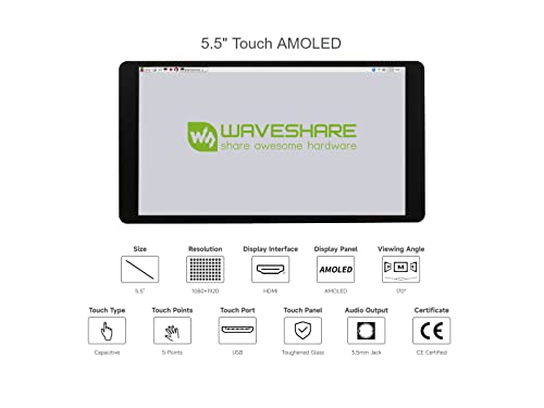 Image of waveshare 5.5inch Capacitive Touch AMOLED Display Compatible with Raspberry Pi 4B /3B+ /3A+ /2B /B+ /A+ /Zero /Zero W /WH /Zero 2W CM3+ /4 1080x1920 Resolution HDMI Supports Jetson Nano /Windows