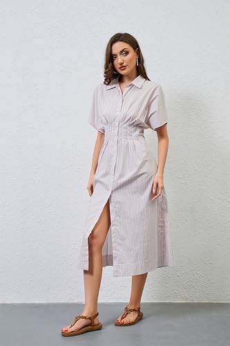 Image of Women Striped Button Down Shirt Maxi Dresses Summer Pleated Short Sleeve Collar Casual Corset Long Dress