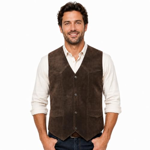 Image of Western Style Cow Suede Leather Vest for Men with Native American-Inspired Design, Fringes, Beads & Braid
