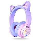 iClever 子供用ヘッドホン Bluetoothヘッドフォン 猫耳LEDライトアップワイヤレスキッズヘッドフォン 音量制限付き（74/85 dBA） 45Hプレイタイム マイク付き 学校/タブレット/PC用