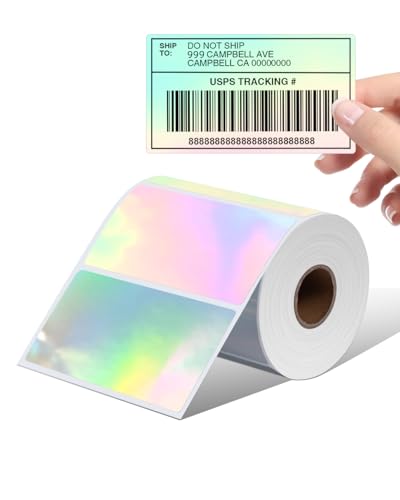 Memoking Thermal Labels, 4" * 2" Holographic Silver Self-Adhesive Sticker Label, Square Direct Thermal Label for Thanks Card, Logo, Name, Price, Address, QR Code, 500 Labels