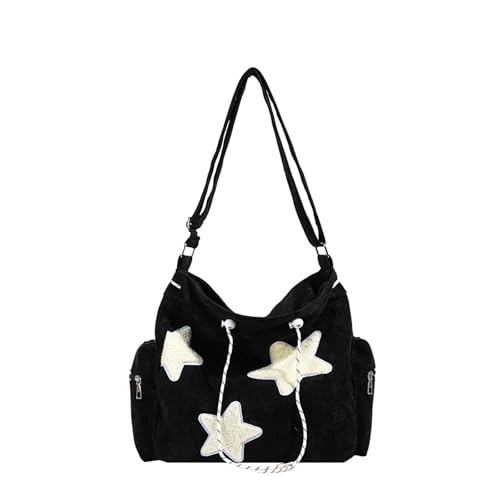 Image of Y2K Star Hobo Bag for Women - Corduroy Drawstring Crossbody Bag, Aesthetic Travel Shoulder Tote (Black)