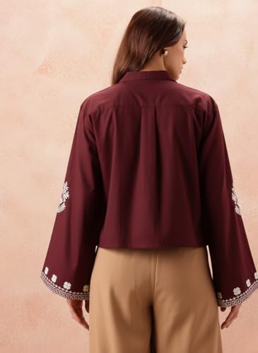 Image of Bee M Pee Designer Women's Embroidered Korean Crop Shirt | Full Bell Sleeves Western Tops for Woman Stylish | Oversized Formal /Casual /Office Wear Cotton Shirts Top for Women